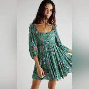Free People Smocked Floral Print 1/2 Button Balloon Sleeve Women's Mini Dress